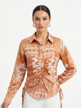 Promesa Rust Paisley Button-Down Ruched Shirt